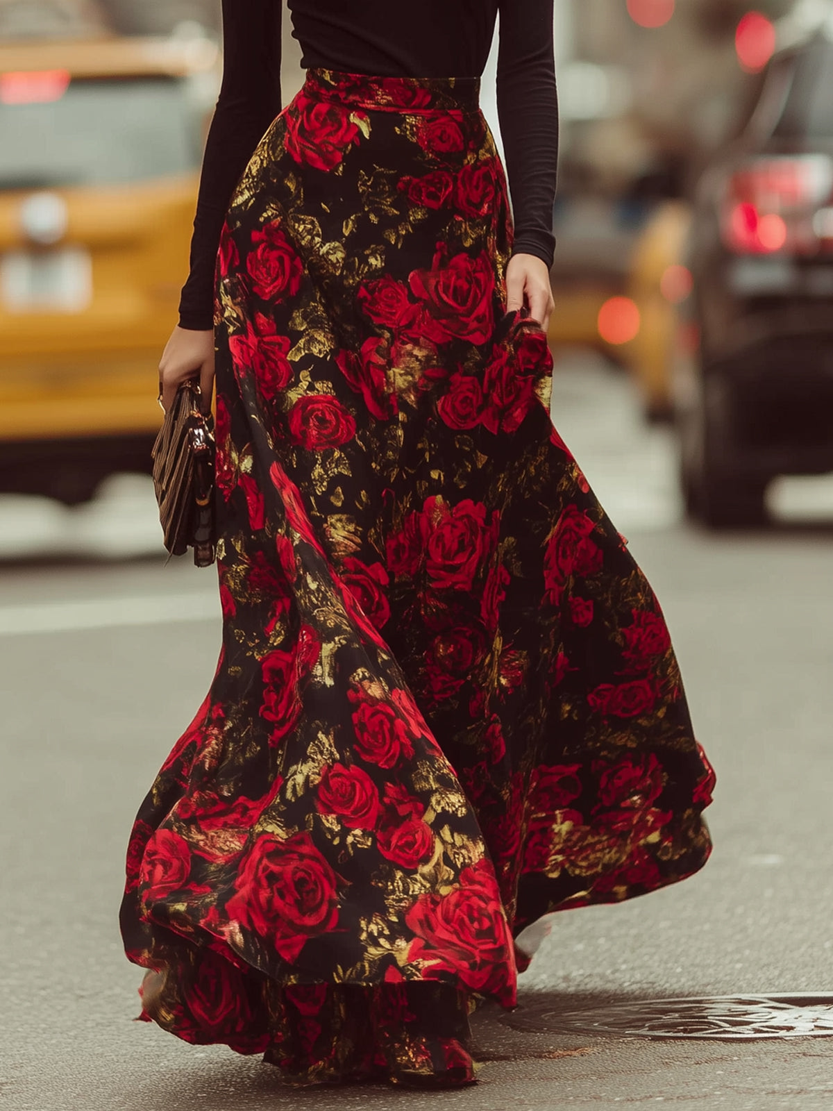 Regara Black Turtleneck Red Floral Print Maxi Skirt Two Piece