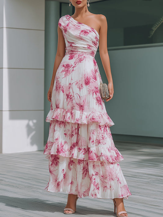 Regara Pink Floral One Shoulder Ruched Tiered Maxi Dress