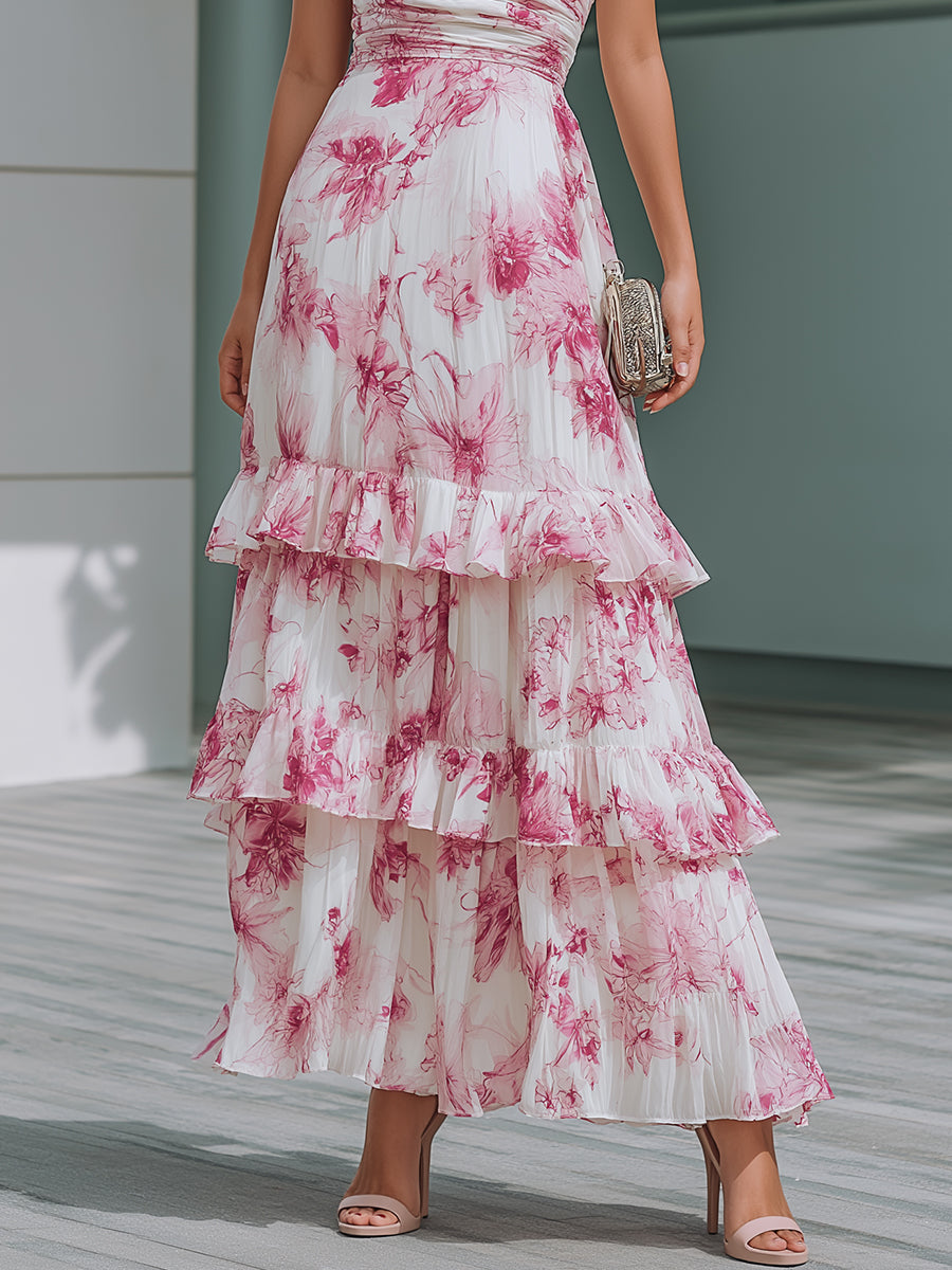 Regara Pink Floral One Shoulder Ruched Tiered Maxi Dress