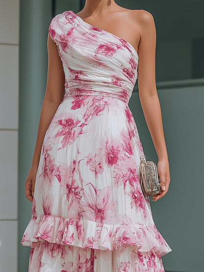 Regara Pink Floral One Shoulder Ruched Tiered Maxi Dress