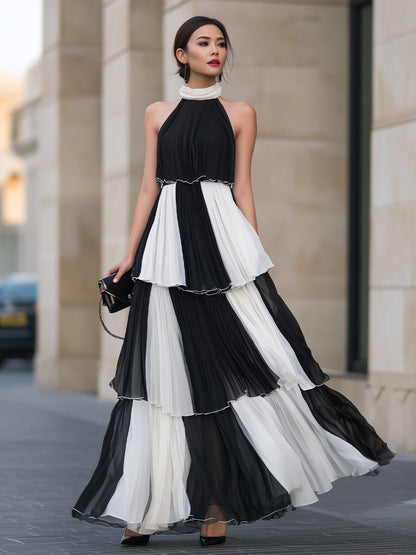 Regara Black White Color Block Halter Tiered Pleated Maxi Dress