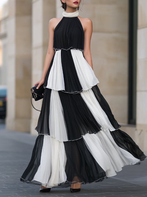 Regara Black White Color Block Halter Tiered Pleated Maxi Dress