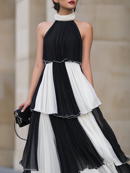 Regara Black White Color Block Halter Tiered Pleated Maxi Dress
