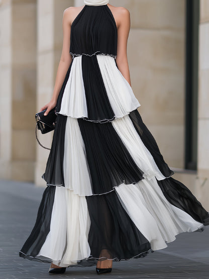 Regara Black White Color Block Halter Tiered Pleated Maxi Dress