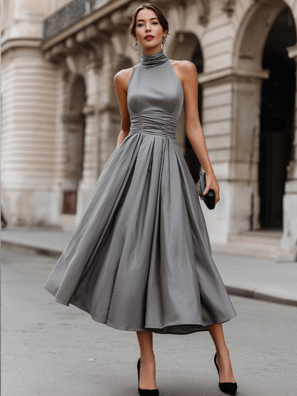 Regara Grey Halter Neck Ruched Waist A-Line Midi Dress