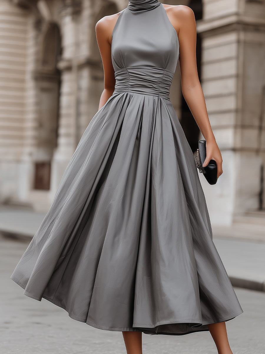 Regara Grey Halter Neck Ruched Waist A-Line Midi Dress