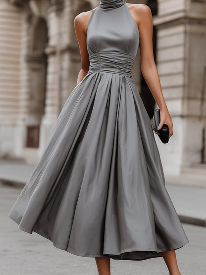 Regara Grey Halter Neck Ruched Waist A-Line Midi Dress