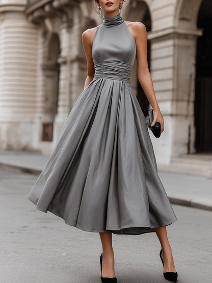 Regara Grey Halter Neck Ruched Waist A-Line Midi Dress