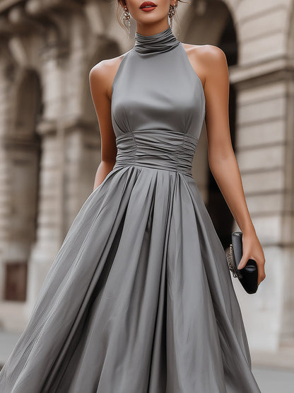 Regara Grey Halter Neck Ruched Waist A-Line Midi Dress