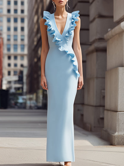 Regara Light Blue Ruffle Trim Deep V-Neck Bodycon Maxi Dress