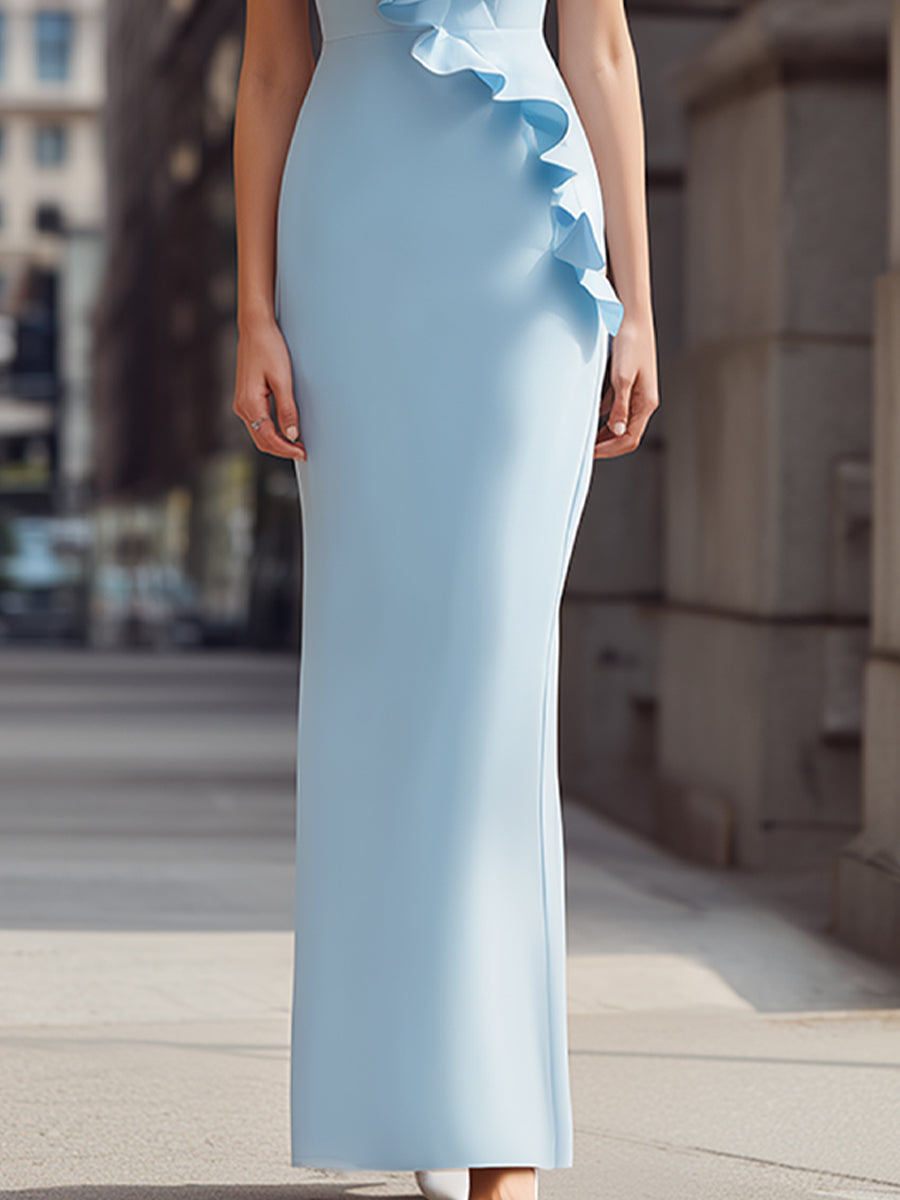 Regara Light Blue Ruffle Trim Deep V-Neck Bodycon Maxi Dress