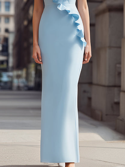 Regara Light Blue Ruffle Trim Deep V-Neck Bodycon Maxi Dress