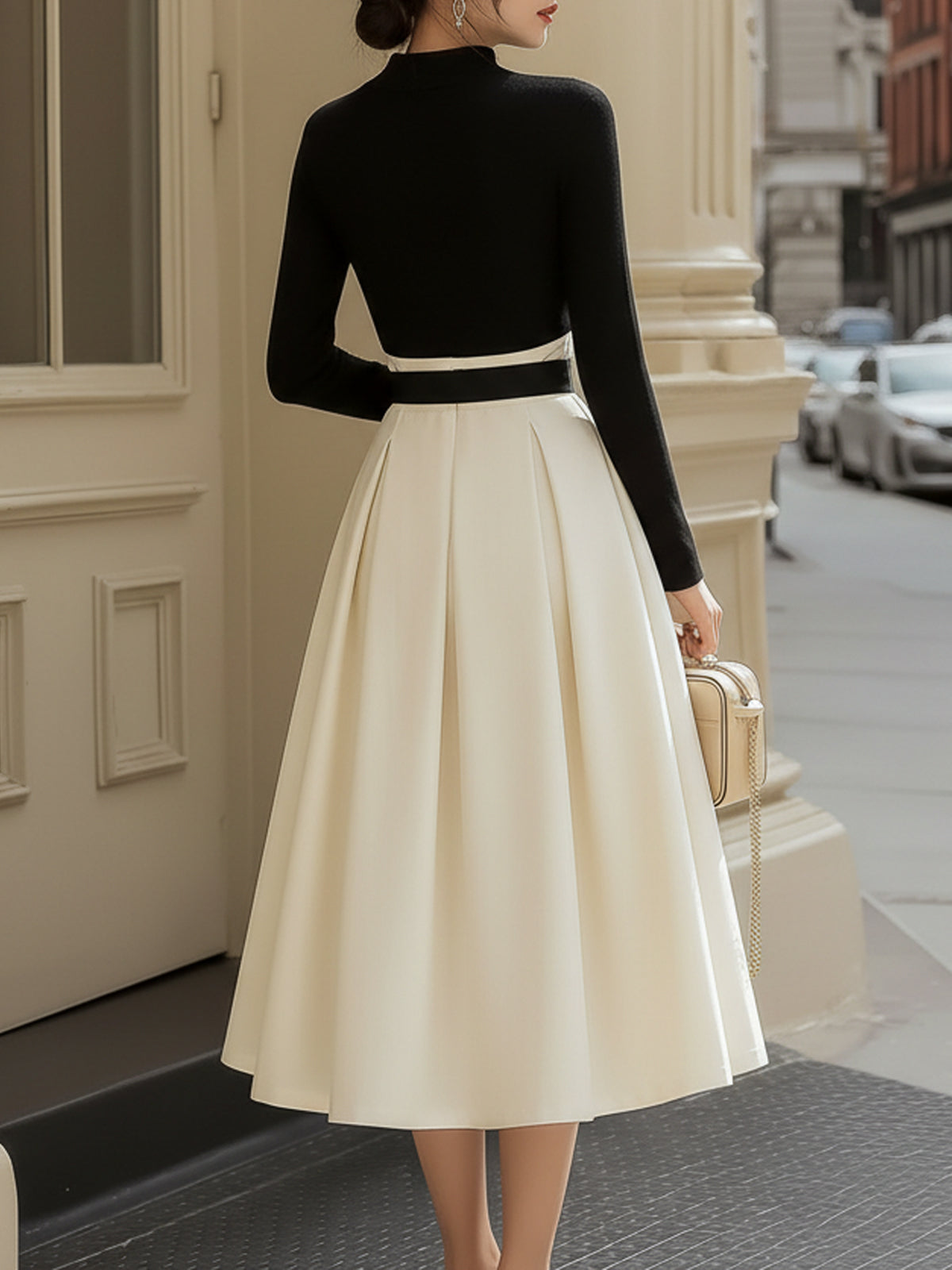 Regara Black Long Sleeve Top Waisted Midi Skirt