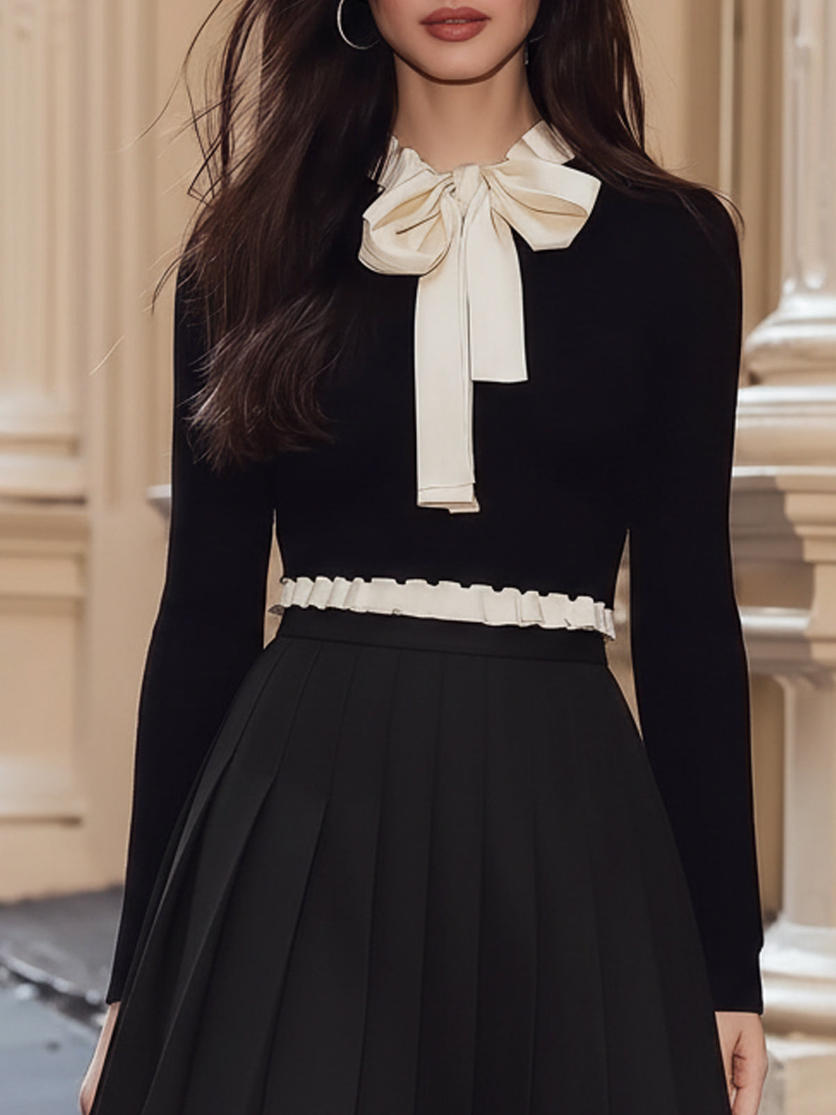 Regara Black Knit Top and White Bow Pleated Skirt Two Piece Set