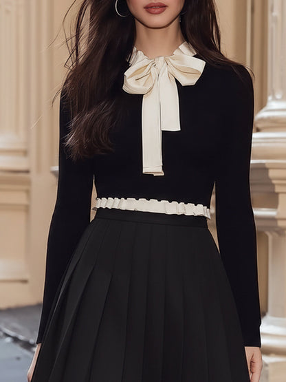 Regara Black Knit Top and White Bow Pleated Skirt Two Piece Set