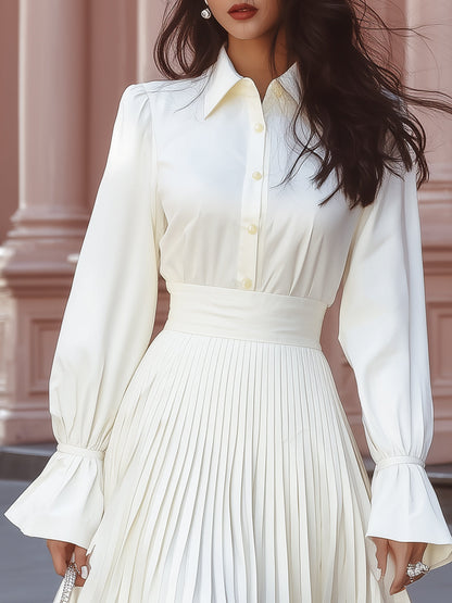 Regara White Satin Shirt Pleated Mini Skirt Two Piece Set