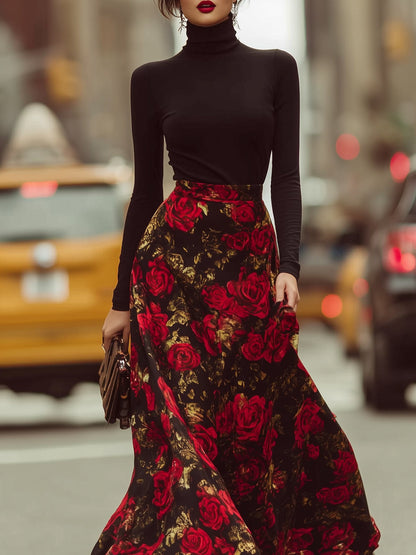 Regara Black Turtleneck Red Floral Print Maxi Skirt Two Piece