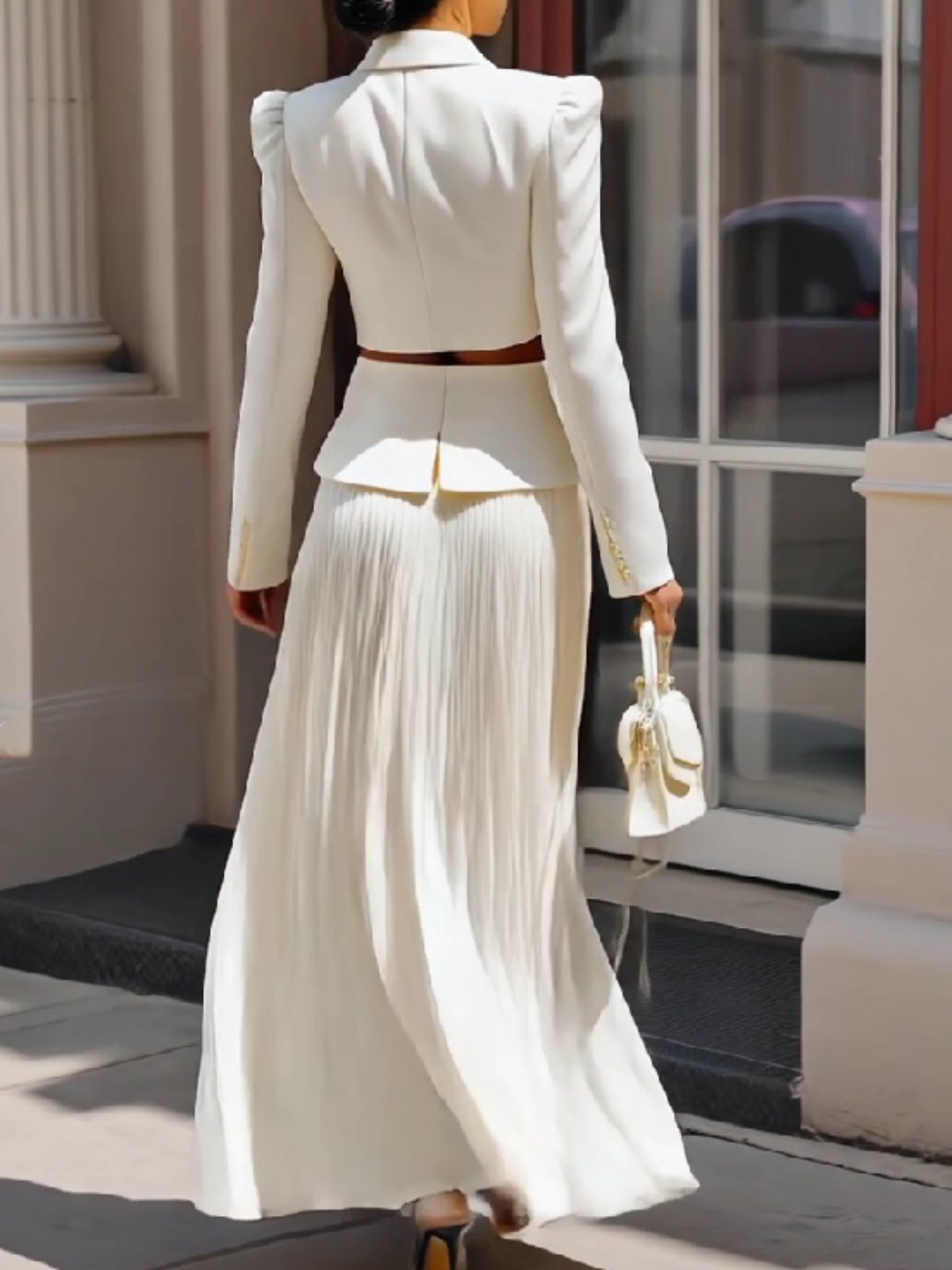Regara White Two Piece Set - Cropped Blazer Pleated Maxi Skirt