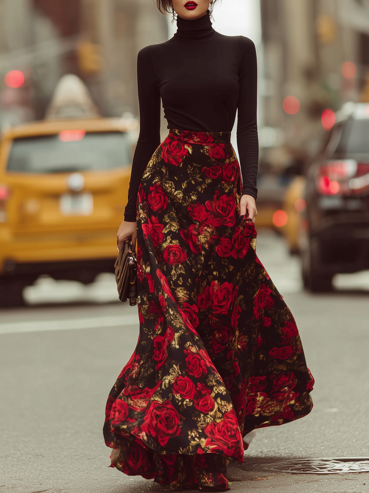 Regara Black Turtleneck Red Floral Print Maxi Skirt Two Piece